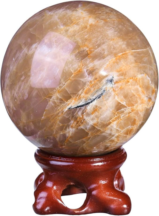 Nupuyai Natural Orange Moonstone Crystal Ball with Resin Stand, Healing Crystal Sphere for Home Decor 2.4"-2.76"(61mm-70mm)