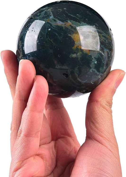 JIC Gem Natural Ocean Jasper Crystal Sphere Crystal Decorative Ball with Wooden Stand Meditation Balls for Witchcraft Reiki Healing Gift 60-70mm