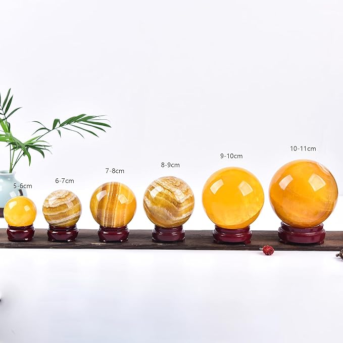 JIC Gem Yellow Fluorite Crystal Ball with Wooden Stand Yellow Healing Crystal Sphere Ball for Feng Shui Decor Spiritual Gifts 60-70mm