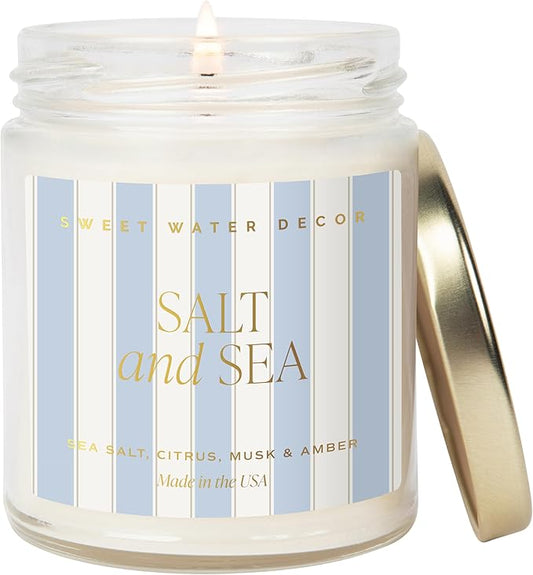 Sweet Water Decor Salt and Sea Patterned Candle – Soy Candles with Sea Salt, Citrus, Musk, Amber Aroma– 40 Hour Burn – 9oz Clear Glass Jar – Ocean Summer Candles for Home Decor