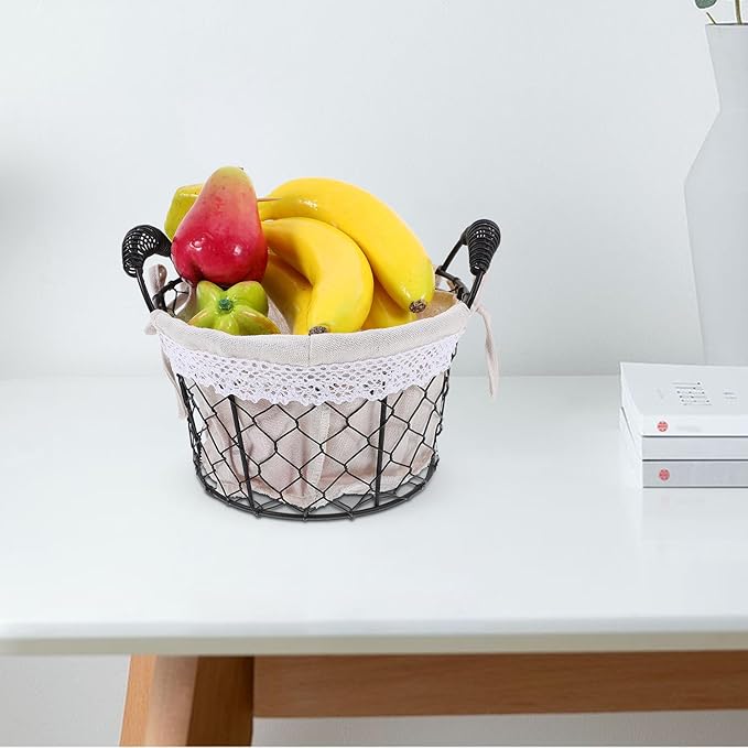 Metal Wire Storage Basket with Handle and Fabric Liner Round Rustic Bread and Candy Basket for Table Fruit Organizer for Home Decor