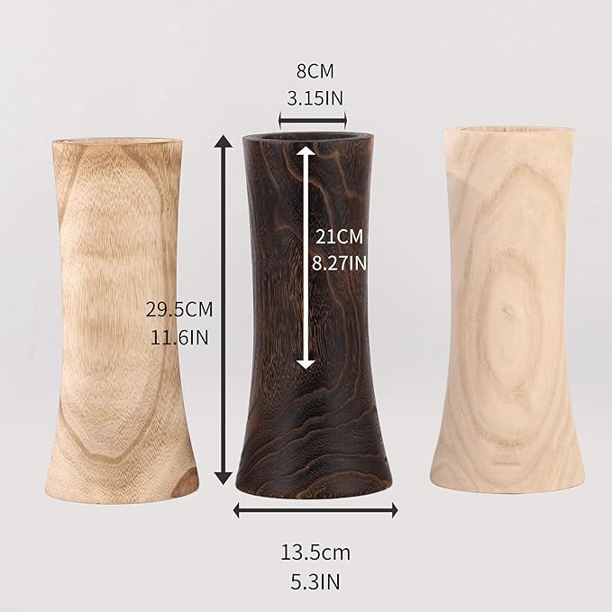 Handmade Eco-Friendly Wooden Vase Set - Natural Solid Paulownia Wood Vases for Home Decor, DIY Hand-Painted Design, Unbreakable Decorative Gift Set (7”, 10”, 12”) (Hourglass Brown Vase 5×11.6in)