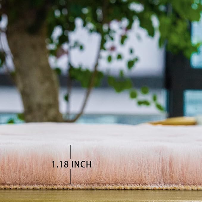 Pink Washable Fluffy 5x8 Area Rugs for Bedroom Plush Faux Rabbit Shag Fur Rug for Living Room Nursery Rug
