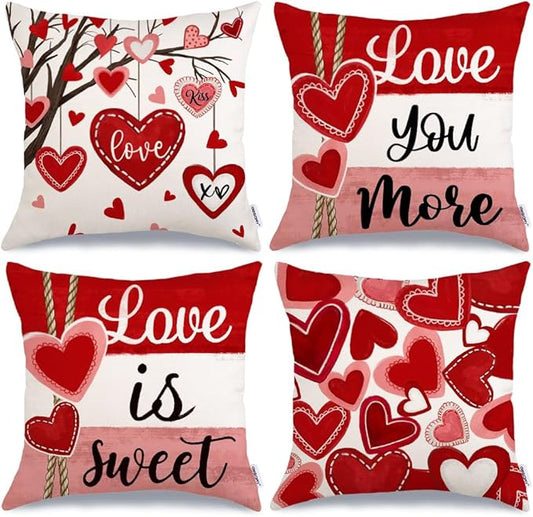 GEEORY Valentine's Day Throw Pillow Covers 16x16 Inch Set of 4, Valentines Red Hearts Love You More Decorative Farmhouse Holiday Cushion Case for Home Decoration G443-16