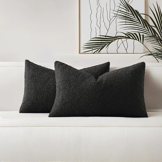 HAUSSY Set of 2 12x20 Decorative Throw Pillow Covers, Soft Cozy Textured Boucle Lumbar Pillow Cases, Home Decor for Couch Bed Living Room, Black