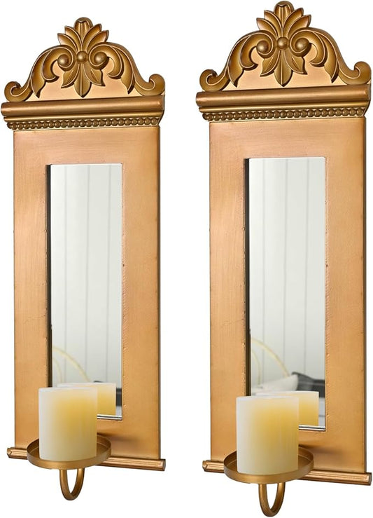 SwallowLiving Candle Sconces Wall Decor Set of 2, Large Antique Gold Wall Candle Holder, 20.5" Tall Hanging Mirrored Decoration for Living Room, Bedroom, Kitchen, Dining Room, Farmhouse Home Decor