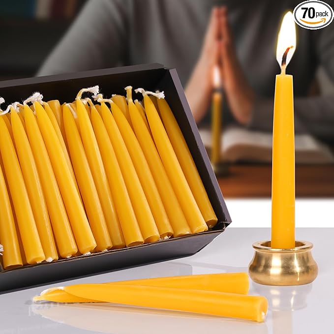 70Pcs Beeswax Candles 30 Minute Meditation Candles, Mini Taper Candles with Brass Candle Holders, Prayer Candle Gift for Yoga Relaxation Ritual Chime