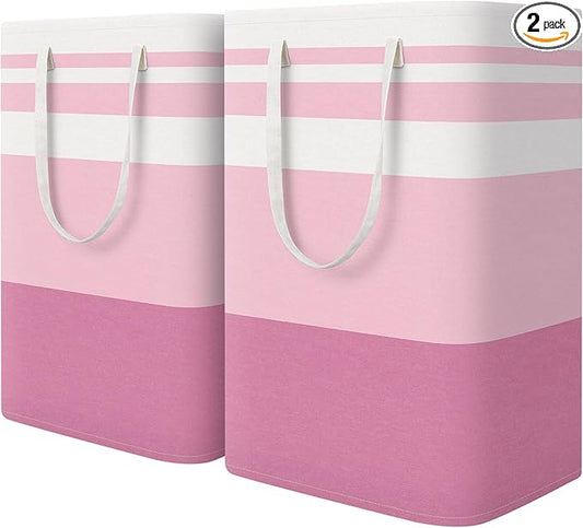 HomeHacks 2 Pack Large Laundry Baskets, Waterproof, Freestanding Laundry Hampers, Collapsible Clothes Hamper with Reinforced Handles in Laundry, College Dorm, Bathroom, Bedroom (Pink, 75Lx2)