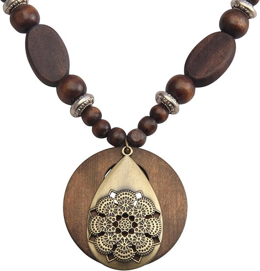 Leather Necklace for Women Boho Choker Necklace Long Cord Leather Pendant Bohemian Neckalce Vintage Alloy Pendant Leather Rope Necklace Wooden Necklaces for Women