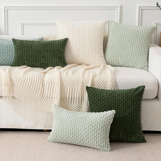 Kevin Textile Throw Pillow Covers Soft Corduroy Decorative Set of 2 Boho Striped Pillow Covers Pillowcases Farmhouse Home Decor for Couch Bed Sofa Living Room 26x26 Inch Moss Green