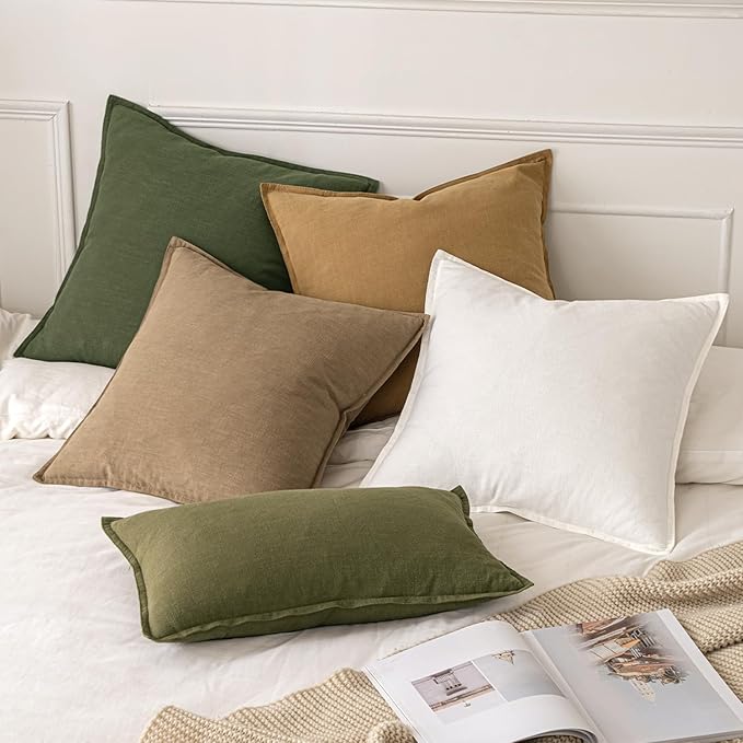 MIULEE Decorative Linen Pillow Covers 28x28 Inch Dark Olive Green Boho Farmhouse Neutral Spring Couch Throw Pillows for Bed Pack of 2 Accent Modern Pillowcase Sofa Livingroom Home Decor