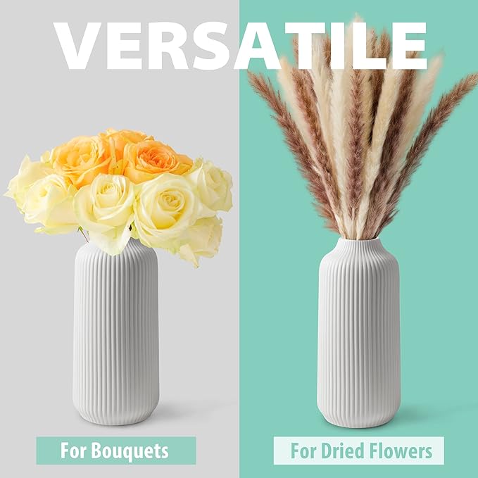 Ceramic Vase in Nordic Style, Decovase Large for Pampas Grass as Boho Deco, Vase White Matt 10 inch for Flowers, Scandinavian Design Home Decoration for Fresh Flowers, Dried Flowers (Size L)
