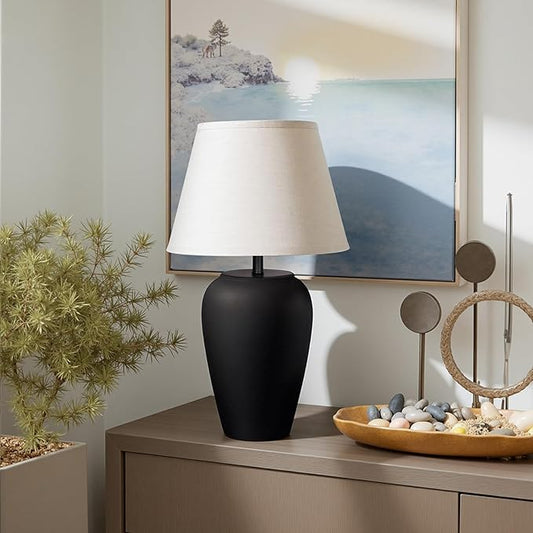 Ceramic Pot Table Lamp 21.25 inch Compact Frosted Nightstand Lamp, Tapered Fabric Shade Bedside, Ceramic Decorative for Living Room Bedroom House Office Entryway, TL3