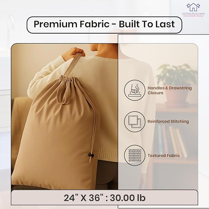 LFH Home Large Premium Cotton Canvas Laundry Bag with Drawstring and Handles Heavy Duty, Multi-Use, and Washable for Home, Travel, College or Storage 24x36 (Pack of 4)-Beige