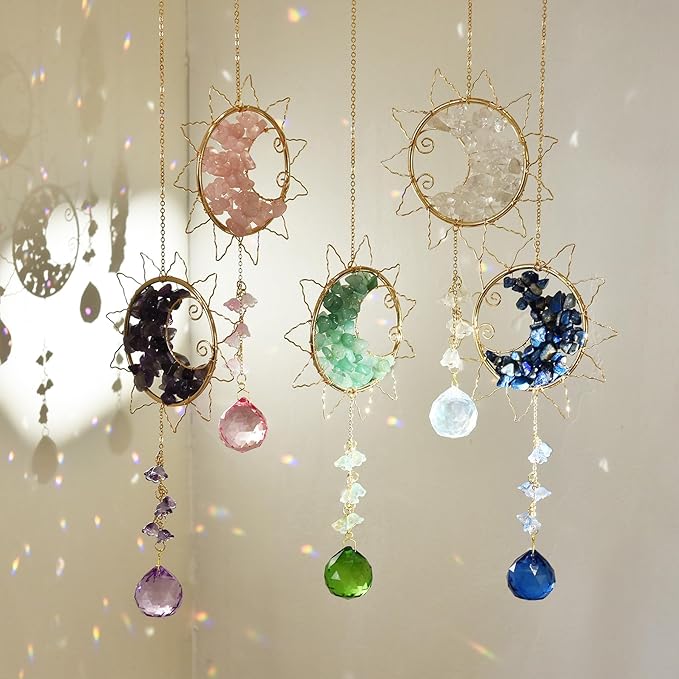 Hanging Sunlight Catcher, Sun & Moon Crystal Suncatcher, Crystal Hanging Ornament, Hanging Crystals for Decoration, Festival Gift, Window Decoration (Purple)