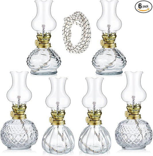 Yexiya 6 Pcs Chamber Oil Lamps Oil Lamp Vintage Glass Kerosene Lamp Bulk with Adjustable Fire Wick Rustic Clear Hurricane with 6.6 ft Extra Wick for Indoor Use Home Decor 8 Inch (Vivid)