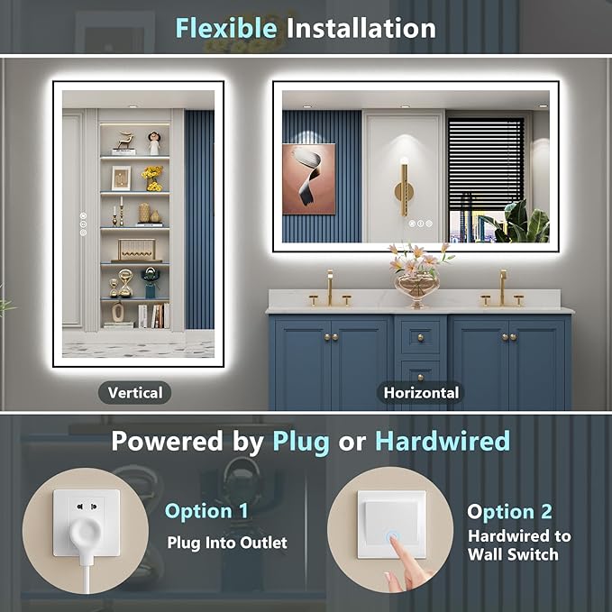 60x30 Black Framed LED Bathroom Mirror with Lights, Backlit + Front Lit, Anti-Fog Lighted Vanity Mirror for Bathroom Wall with 3 Colors, Stepless Dimmable, Memory, Tempered Glass, ETL Listed