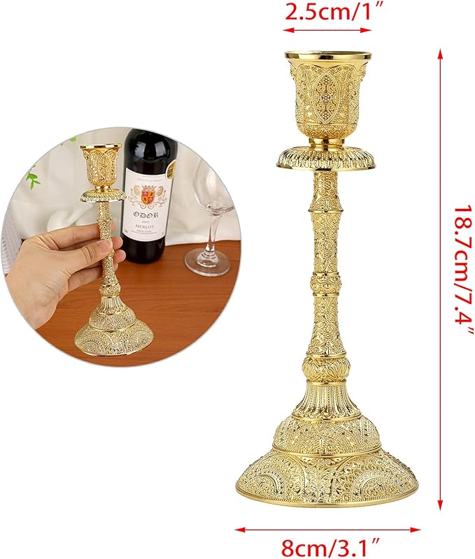 OwnMy Set of 2 Taper Candle Holders Vintage Metal Pillar Candlestick Holders 7.4”, Elegant Brass Candle Stick Holders Decor Candelabra Set for Dining Table Centerpieces Wedding Home Decoration, Gold