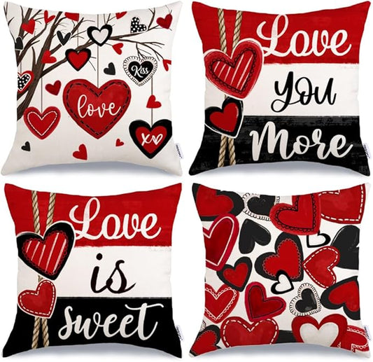 GEEORY Valentine's Day Throw Pillow Covers 18x18 Inch Set of 4, Valentines Red Black Hearts Love You More Decorative Farmhouse Holiday Cushion Case for Home Decoration G644-18