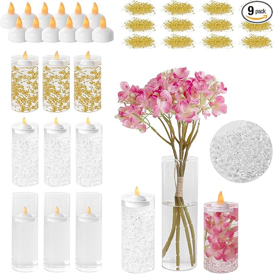 9Pcs Glass Cylinder Vases with Floating Candles for Centerpieces, 1150 Acrylic Fake Ice Cubes 12 Pearl String Vase Filler Floating Candle Holder Centerpieces for Tables Party Event Wedding Home Decor