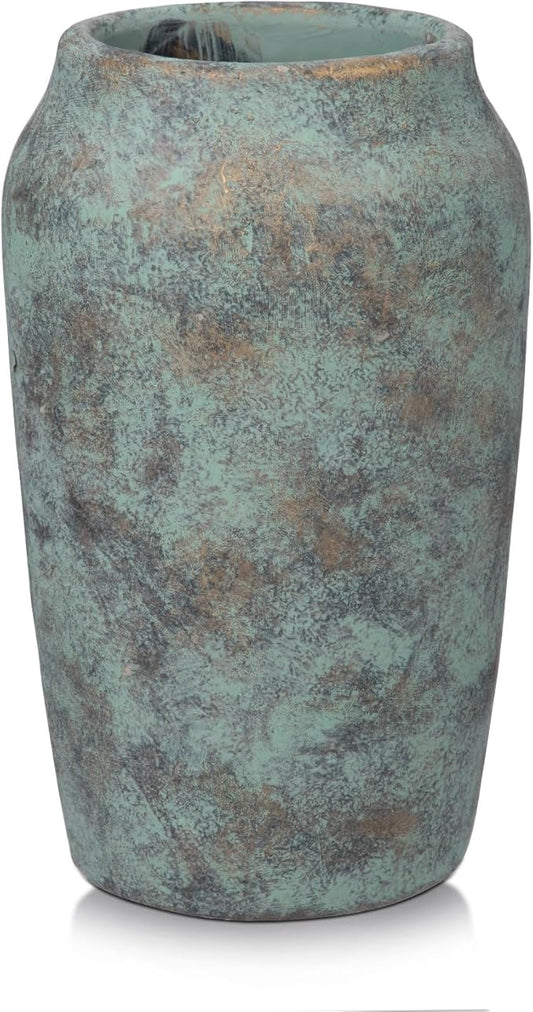 Briful 9.06'' Large Ceramic Rustic Vase Shabby Vintage Textured Vase, 4.33'' Wide Mouth Pampas Vases for Fake Flowers Branches, Farmhouse Home Décor, Weddings Shelf Table Decor,Patina