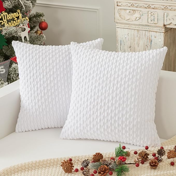 Kevin Textile 2 Packs Pure White Decorative Throw Pillow Covers 26x26 Inch for Living Room Couch Bed Sofa Rustic Farmhouse Boho Home Decor Soft Striped Corduroy Square Cushion Case 66x66 cm