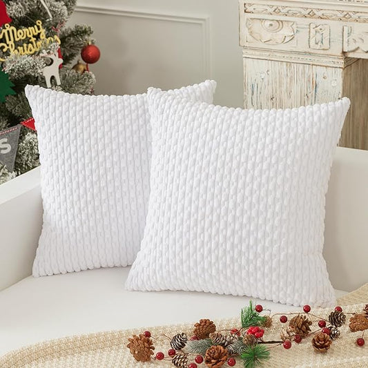 Kevin Textile 2 Packs Throw Pillow Covers for Couch Striped Velvet Cushion Covers for Chair 40x40 cm 16 x 16 Inch Pure White