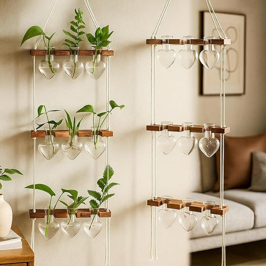 Leinuosen Wall Hanging Plant Propagation Stations 3 Tiered Planter Terrarium with Wooden Stand Home Decor Valentines Gifts for Her Hydroponics Plant Lovers - 9 Glass Vases(Heart Shaped,Clear)