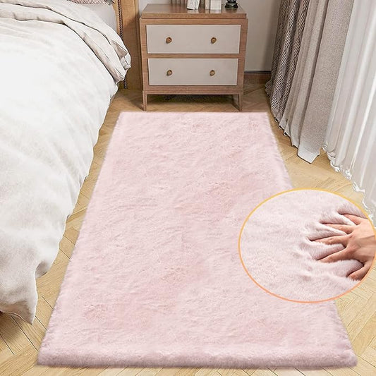 Small Pink Fuzzy Faux Rabbit Shaggy Fur Rug Furry Washable Runner Rug 2x6 Fluffy Rugs for Bedroom Living Room Nursery Rugs Teen Room Décor