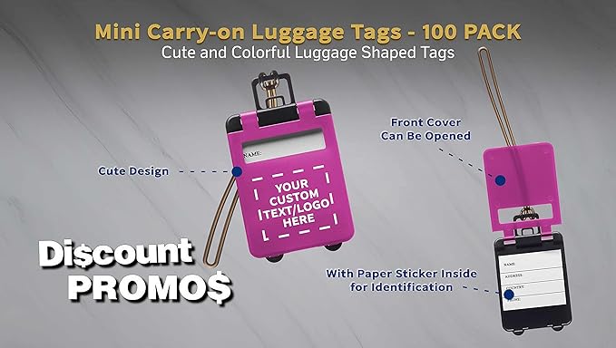 100 Mini Carry-on Luggage Tags Pack - Customizable Text, Logo - Flip Open Cover, ID Sticker - Purple