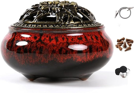 Incense Burner with Calabash Incense Stick Holder - Porcelain Charcoal Censer for Use with Resin Granular Powder Cone or Coil Incense (Fambe Red)