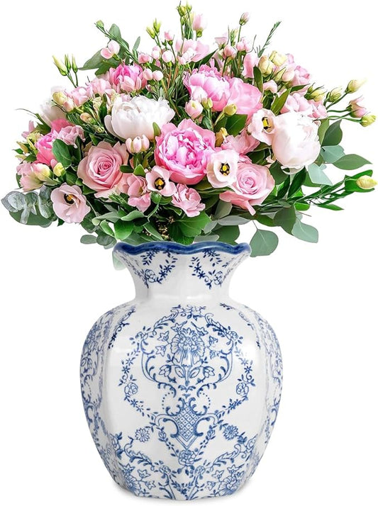 Chinoiserie Vase,6 inch Blue and White Vase,Vintage Ceramic Vases,Flower Vase for Centerpiece,Chinese Cute Vases for Living Room, Office,Home Decor (Blue White, Small)