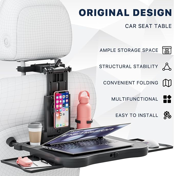Car Table for Back Seat Passenger, Desk with Drink Holder and Mobile Phone Holder, Multifunctional Dining Table for Children Adults Foldable Adjustable Load Capacity