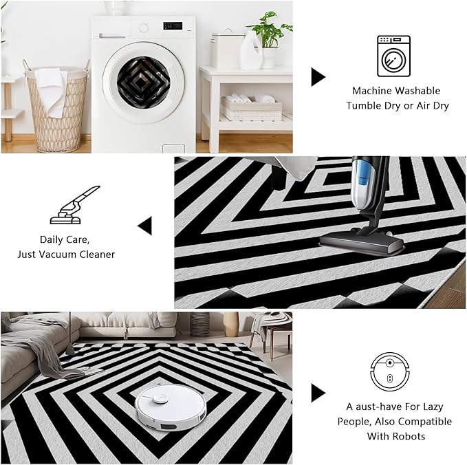 Black and White Rug 6x8, Checkered Soft Thin Indoor Floor Mats Carpet, Non-Slip Stain Resistant Washable Rugs, Modern Rhombus Geometric Rugs for Living Room, Farmhouse Rug