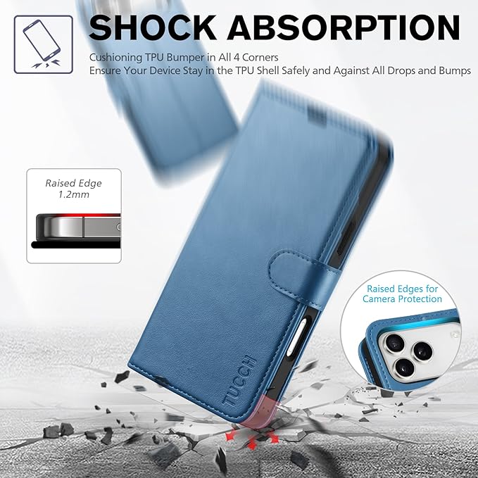 TUCCH Wallet Case for iPhone 17 Pro Max (6.9") 2025, 4 Card Slots, RFID Blocking, Stand, Shockproof TPU Shell, PU Leather, Magnetic Closure, Protective Flip Folio Cover, Light Blue