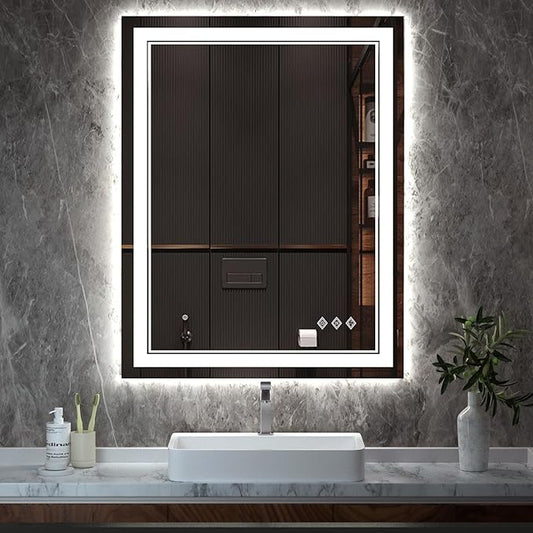 LED Mirror, 28x36 Inch Gradient Front and Backlight Lighted Mirror, 3 Colors Dimmable CRI>90 Double Lights, IP54 Enhanced Anti-Fog, Hanging Plates Wall Mount LED Bathroom Mirror