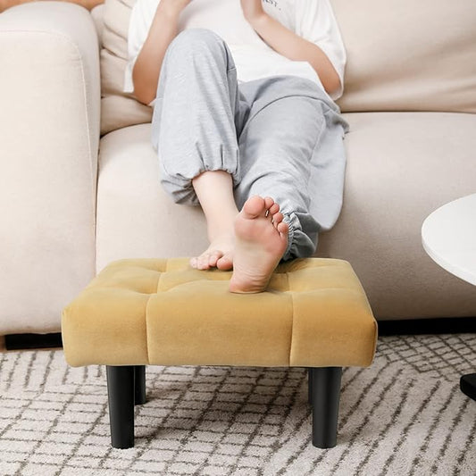 HOUCHICS Small Footstool Ottoman,Velvet Soft Footrest Ottoman with Wood Legs,Sofa Footrest Extra Seating for Living Room Entryway Office(Yellow 1PACK)