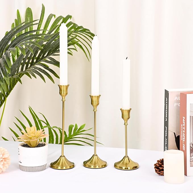 Candlestick Holders 6 PCS, Metal Taper Candle Holder, Brass Gold Candle Holders for Pillar Candles, Vintage Dining Table Centerpiece Decorations for Wedding Party Christmas Halloween Decor