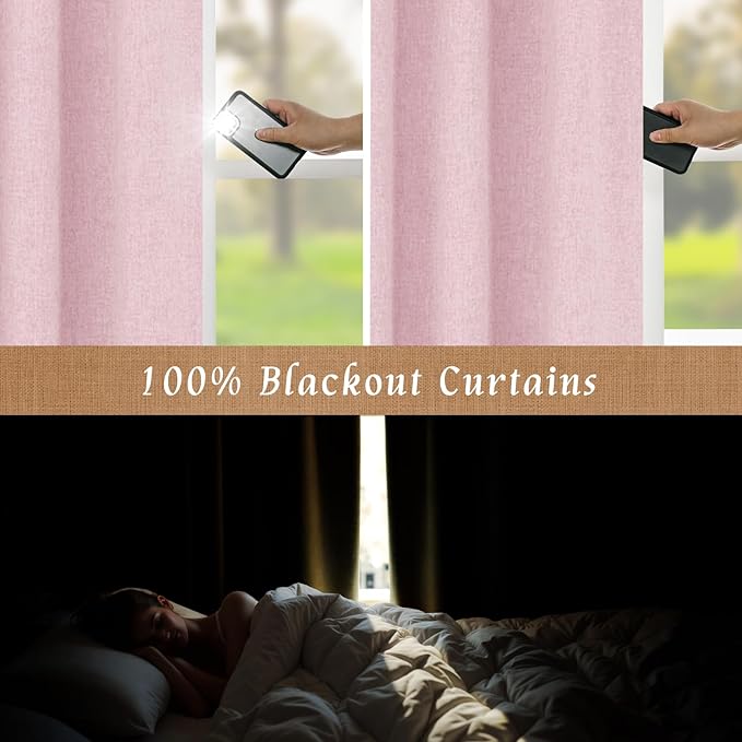 LAMIT Linen 100% Blackout Window Curtains for Bedroom, 45 Inches Linen Textured Thermal Farmhouse Curtains Back Tab and Rod Pocket Window Panels with White Liner, 2 Panels, 38 x 45 Inch, Pink