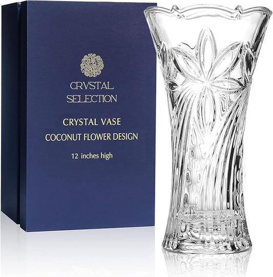 CS Crystal Vase 12-inch high, Coconut Flower Design, for Flowers & Decor. Lovely Nice Shiny Piece. Perfect as a Gift, Suitable for All Occasions.