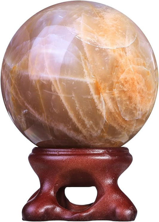 Nupuyai Natural Orange Moonstone Crystal Ball with Resin Stand, Healing Crystal Sphere for Home Decor 1.61"-1.97"(41mm-50mm)
