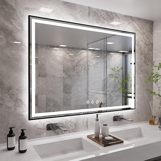 LED Bathroom Mirror, 55x36 Inch Black Framed Gradient Front and Backlit LED Mirror, 3 Colors Dimmable CRI>90, Enhanced Anti-Fog Wall Mounted Smart Mirror