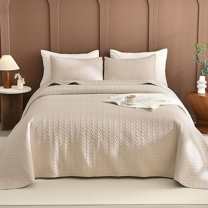 Sanracie Oversized Queen Bedspread Set 102"*118",100% Cotton Quilts Queen Size Linen Colored Circular Quilting Extra Large Quilt Bedding Coverlet Set 3Pcs Quilted Bed Blanket Lightweight
