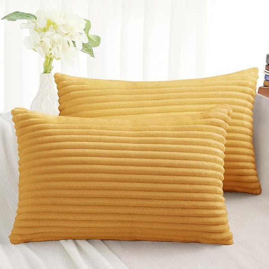 Simmore Decorative Spring Throw Pillow Covers 12x20 Set of 2, Soft Natural Plush Flannel Double-Sided Fluffy Lumbar Pillow Covers for Couch Sofa Living Room, Mustard Yellow
