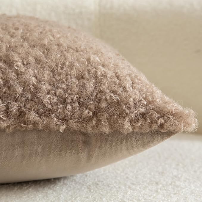 Yaertun Pack of 2 Faux Fur Throw Pillow Covers Decorative Sherpa Boucle Pillow Covers Fuzzy Soft Pillowcases Sheepskin Fleece Cushion Case for Couch Sofa Bed Living Room 20x20 Inch Khaki