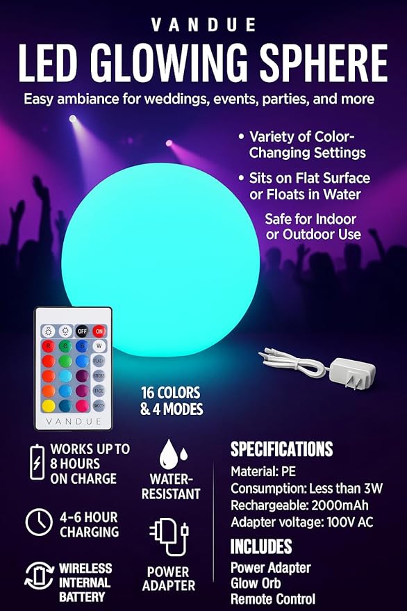 Vandue Color-Changing LED Light Ball – Rechargeable Glow Sphere with Remote – IP65 Waterproof RGB Night Light for Indoor/Outdoor, Pool, Garden, Party & Decor (14 Inch)
