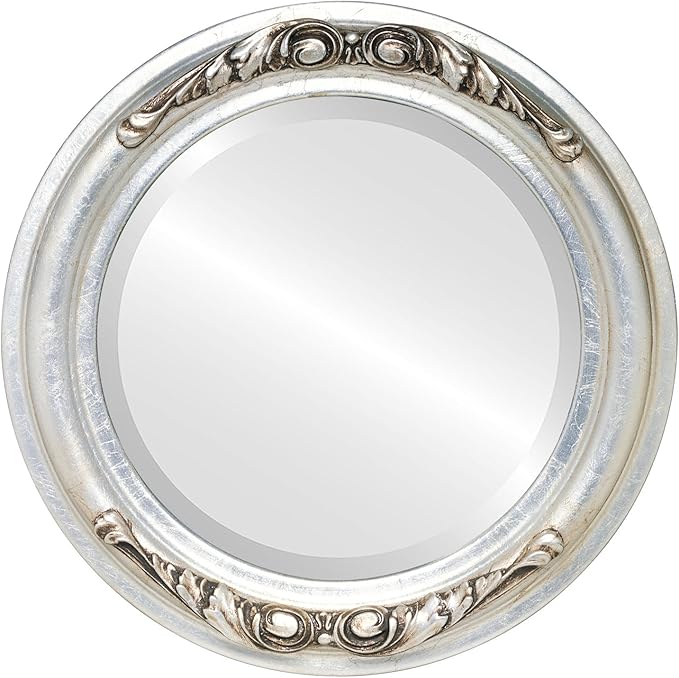 OVALCREST Round Beveled Wall Mirror for Home Decor - Florence Style - Silver Leaf with Brown Antique - 18x18 Outside Dimensions
