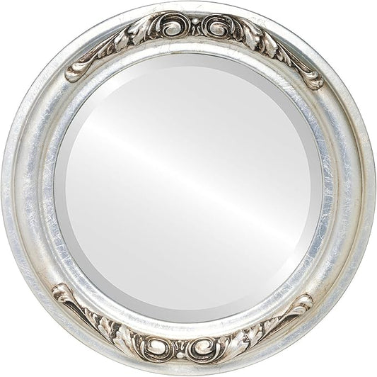 OVALCREST Round Beveled Wall Mirror for Home Decor - Florence Style - Silver Leaf with Brown Antique - 34x34 Outside Dimensions