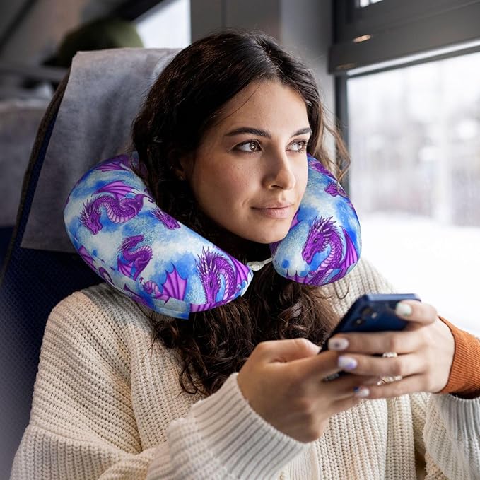 Breathable Neck Pillow for Sleeping Rest Nap Purple Dragon Art, Airplanes/Car/Home Memory Foam Travel Cushion with Polyester Cover Washable for Women Men