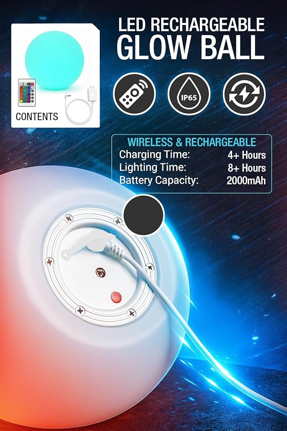 Vandue Color-Changing LED Light Ball – Rechargeable Glow Sphere with Remote – IP65 Waterproof RGB Night Light for Indoor/Outdoor, Pool, Garden, Party & Decor (24 Inch)